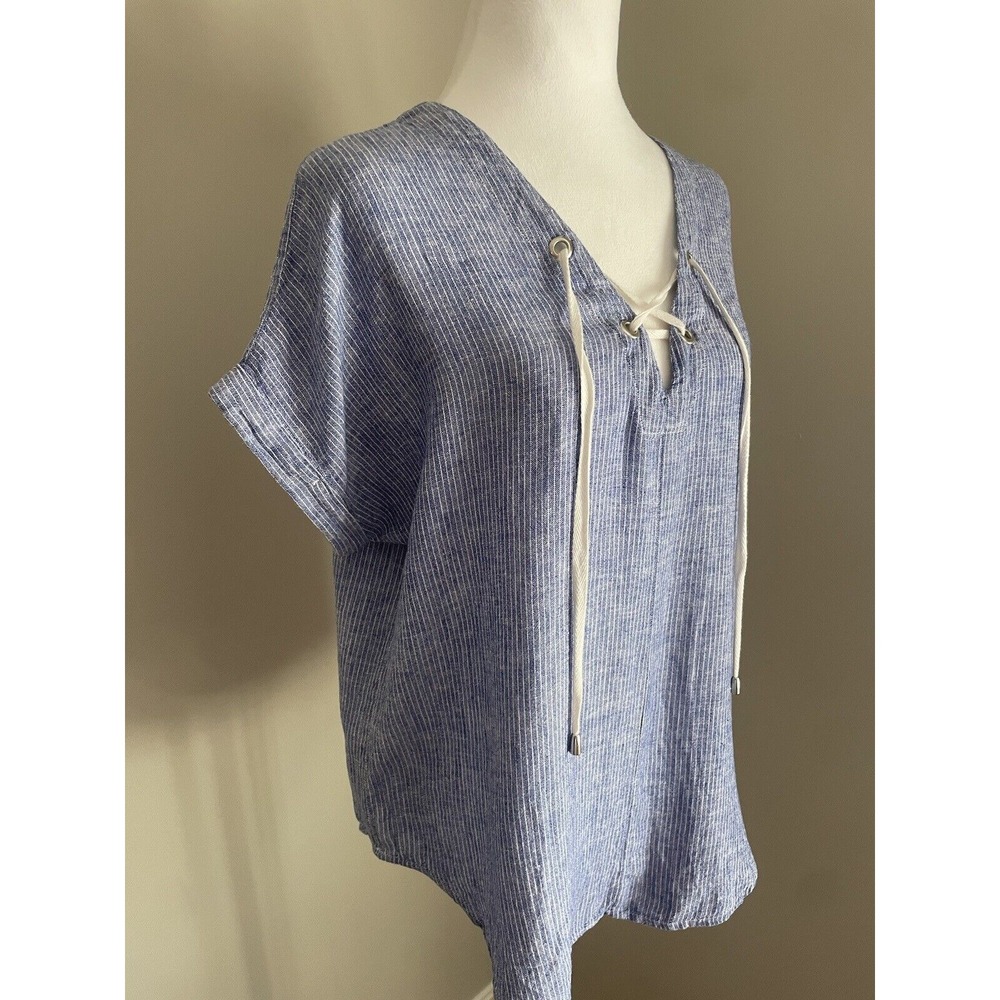 Rails‎ S Jeri Lace-Up Top Stripe Linen Chambray Blue White Blouse Coastal Beachy